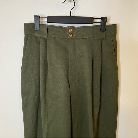 VINTAGE Olive Khaki Green Trousers Pleated Tapered Carrot Relaxed Fit Pants 8 10 - Picture 9 of 14